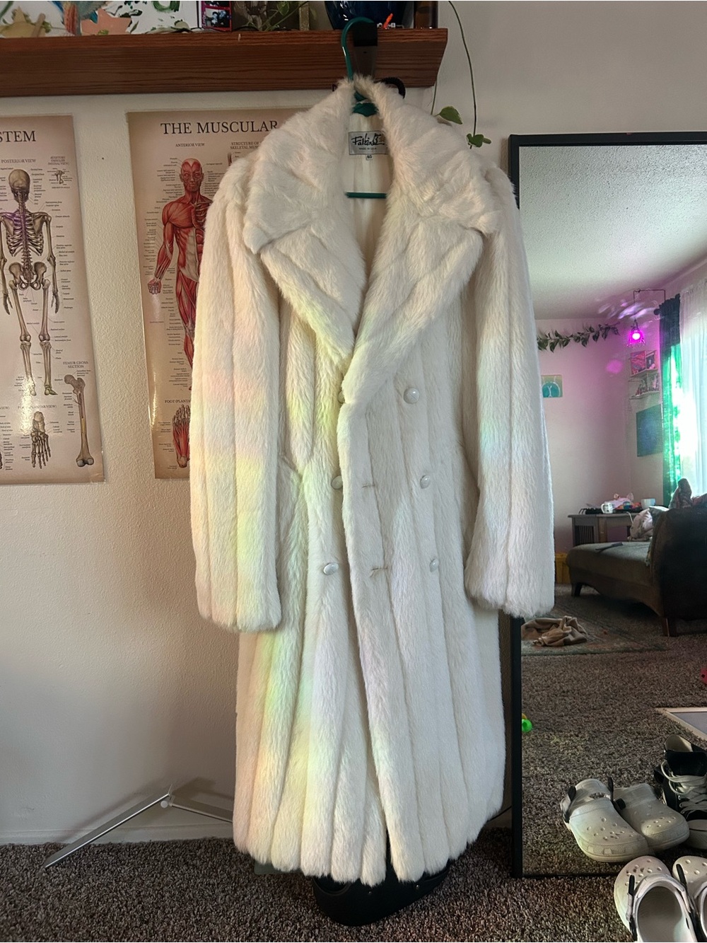 White Faux Fur Double-Breasted Long Trench Coat by Falcone